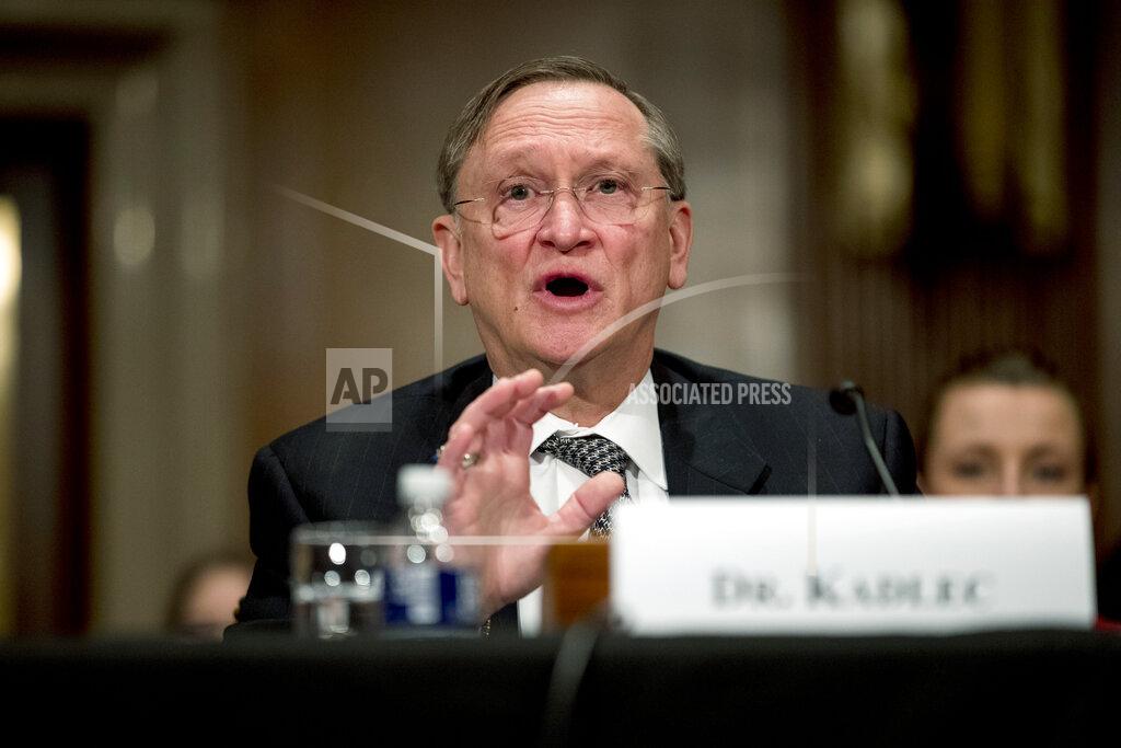 FILE - In this Tuesday, March 3, 2020 file photo, Health and Human Services Assistant Secretary for Preparedness and Response Dr. Robert Kadlec testifies before a Senate Education, Labor and Pensions Committee hearing on the coronavirus on Capitol Hill in Washington. Concerns from federal scientists about the proposal of Pepcid to treat COVID-19 were ignored, according to government records and a complaint from Rick Bright, former director of the government’s Biomedical Advanced Research and Development Authority. Kadlec oversees the agency, and wanted the Pepcid contract approved. Fast. (AP Photo/Andrew Harnik)