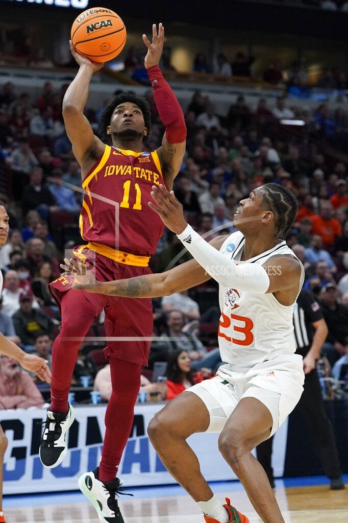 Charles Rex Arbogast Iowa State's Tyrese Hunter shoots past Miami's Kameron McGusty during the second half of a college basketball game in the Sweet 16 round of the NCAA tournament Friday, March 25, 2022, in Chicago. (AP Photo/Charles Rex Arbogast)
