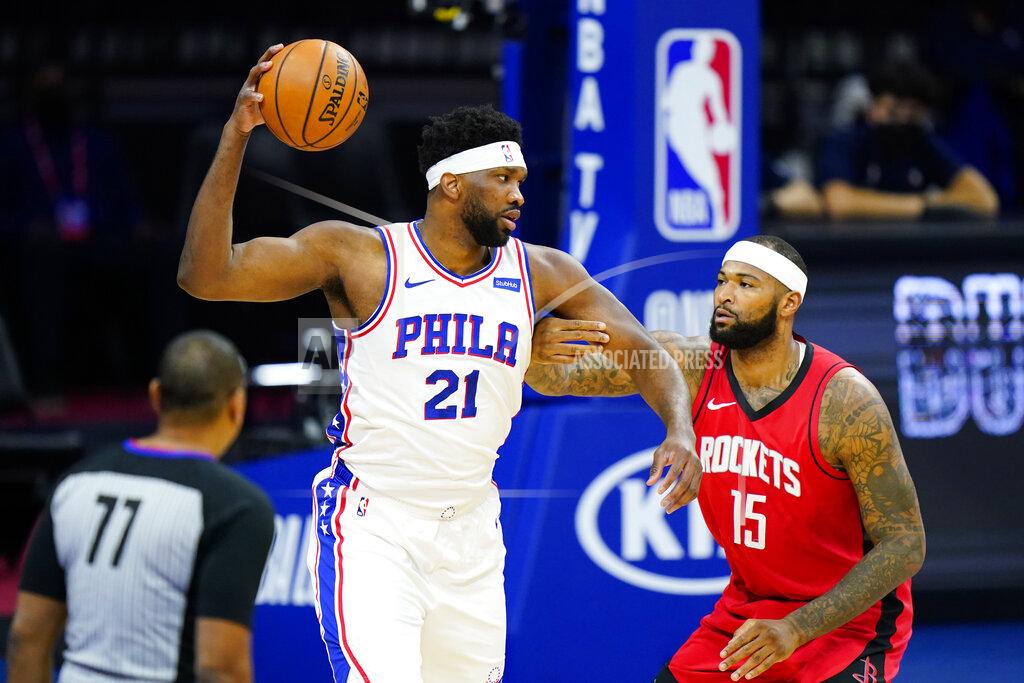 Matt Slocum Philadelphia 76ers' Joel Embiid (21) tries to get past Houston Rockets' DeMarcus Cousins (15) during the first half of an NBA basketball game, Wednesday, Feb. 17, 2021, in Philadelphia. (AP Photo/Matt Slocum)