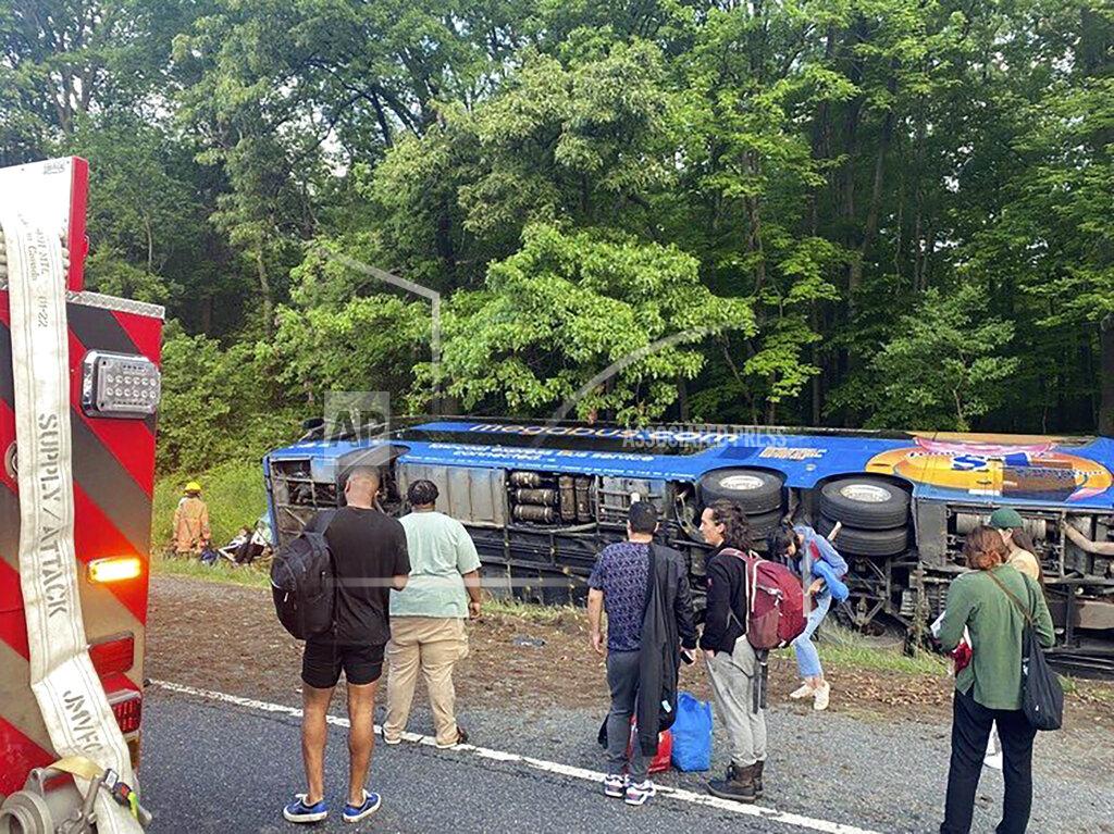Uncredited This image provided by the Baltimore County Fire Department shows the scene of a Megabus crash on I-95 south near Kingsville, Md., Sunday, May 22, 2022. The vehicle was carrying 47 people. Officials said that 15 of the 27 people injured were taken to local hospitals. (Baltimore County Fire Department via AP)