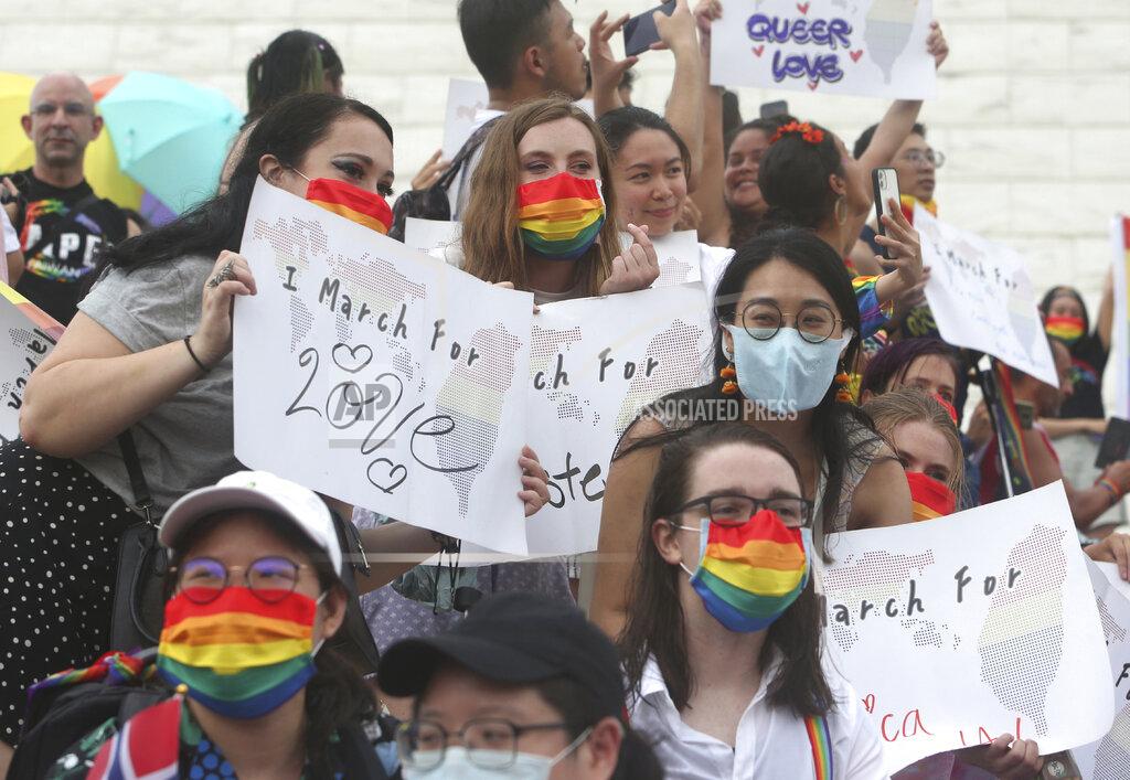 Chiang Ying-Ying Participants rally during the "Taiwan Pride March for the World!" at Liberty Square at the CKS Memorial Hall in Taipei, Taiwan, Sunday, June 28, 2020. This year marks the first Gay Pride march in Chicago 1970, and due to the COVID-19 lockdown, Taiwan is one of the very few countries to host the world's only physical Gay Pride. (AP Photo/Chiang Ying-ying)