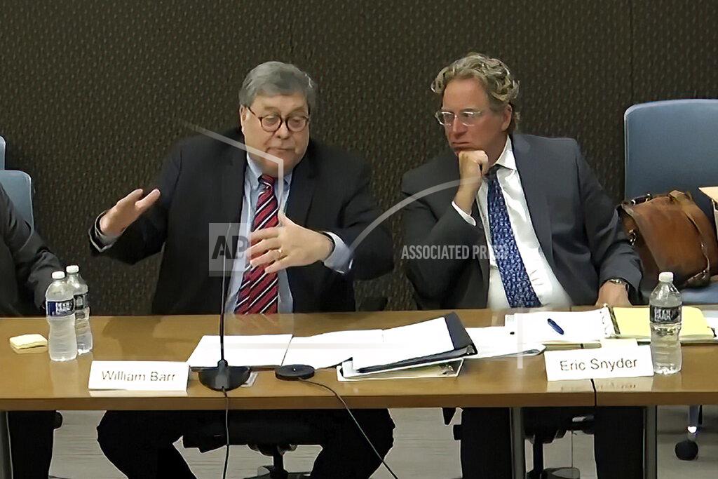 Uncredited This exhibit from video released by the House Select Committee, shows an interview with former Attorney General William Barr, displayed at a hearing by the House select committee investigating the Jan. 6 attack on the U.S. Capitol, Tuesday, June 28, 2022, on Capitol Hill in Washington. (House Select Committee via AP)