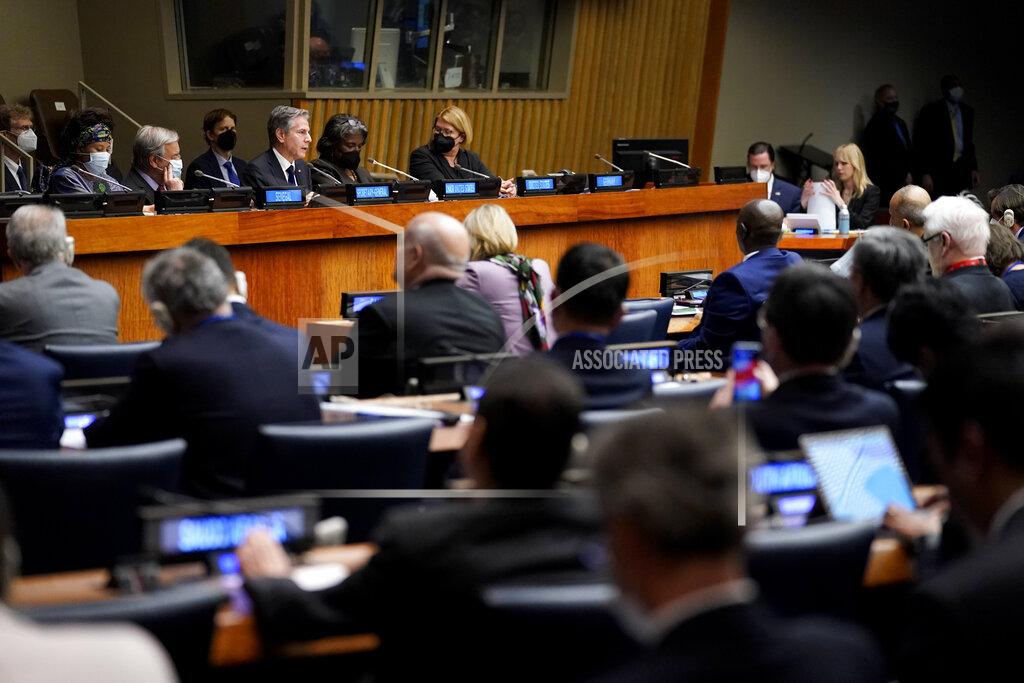 John Minchillo U.S. Secretary of State Antony Blinken chairs a ministerial meeting on growing food insecurity around the world, which has been exacerbated by Russia's war on Ukraine, Wednesday, May 18, 2022, at United Nations headquarters. (AP Photo/John Minchillo)