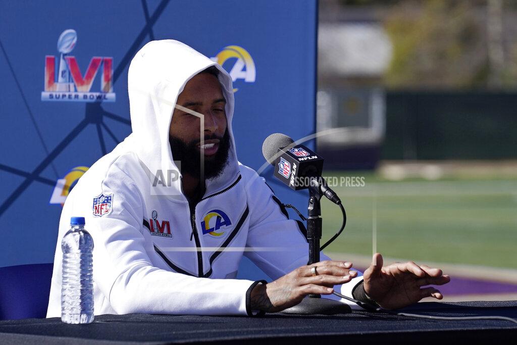 Mark J. Terrill Los Angeles Rams wide receiver Odell Beckham Jr. speaks during a media availability for an NFL Super Bowl football game Friday, Feb. 11, 2022, in Thousand Oaks, Calif. The Rams are scheduled to play the Cincinnati Bengals in the Super Bowl on Sunday. (AP Photo/Mark J. Terrill)