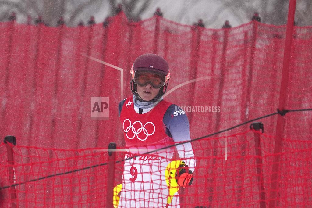 Robert F. Bukaty Mikaela Shiffrin of the United States stands on the side of the course after crashing out during the women's combined slalom at the 2022 Winter Olympics, Thursday, Feb. 17, 2022, in the Yanqing district of Beijing. (AP Photo/Robert F. Bukaty)