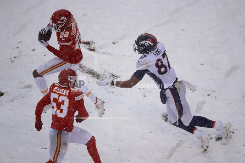 Charlie Riedel Kansas City Chiefs safety Juan Thornhill (22) intercepts a pass intended for Denver Broncos tight end Noah Fant (87), as linebacker Anthony Hitchens (53) looks on, during the second half of an NFL football game in Kansas City, Mo., Sunday, Dec. 15, 2019. (AP Photo/Charlie Riedel)