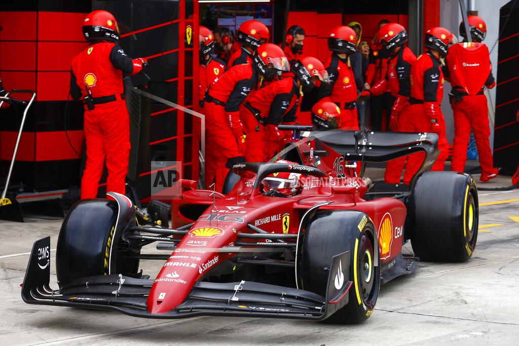 Guglielmo Mangiapane Ferrari driver Charles Leclerc of Monaco steers his car after stopping at pit during the Emilia Romagna Formula One Grand Prix, at the Enzo and Dino Ferrari racetrack in Imola, Italy, Sunday, April 24, 2022. (Guglielmo Mangiapane, Pool via AP)