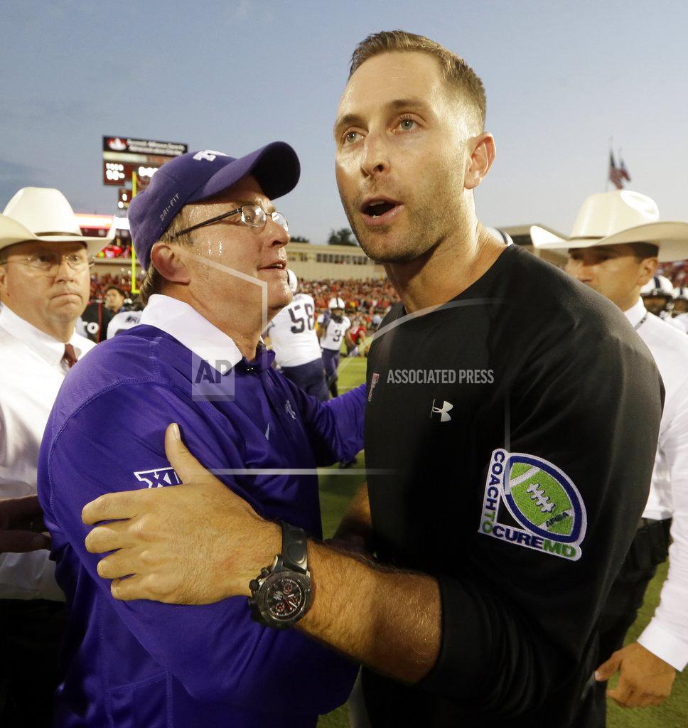 Lm Otero FILE - In this Sept. 26, 2015, file photo, Texas Tech head coach Kliff Kingsbury, right, shakes hands hands with TCU head coach Gary Patterson after TCU won 55-52 in an NCAA college football game in Lubbock, Texas. TCU defensive guru Gary Patterson and Texas Tech offensive mastermind Kliff Kingsbury both express admiration for how the other coach excels at his specialty. (AP Photo/LM Otero, File)