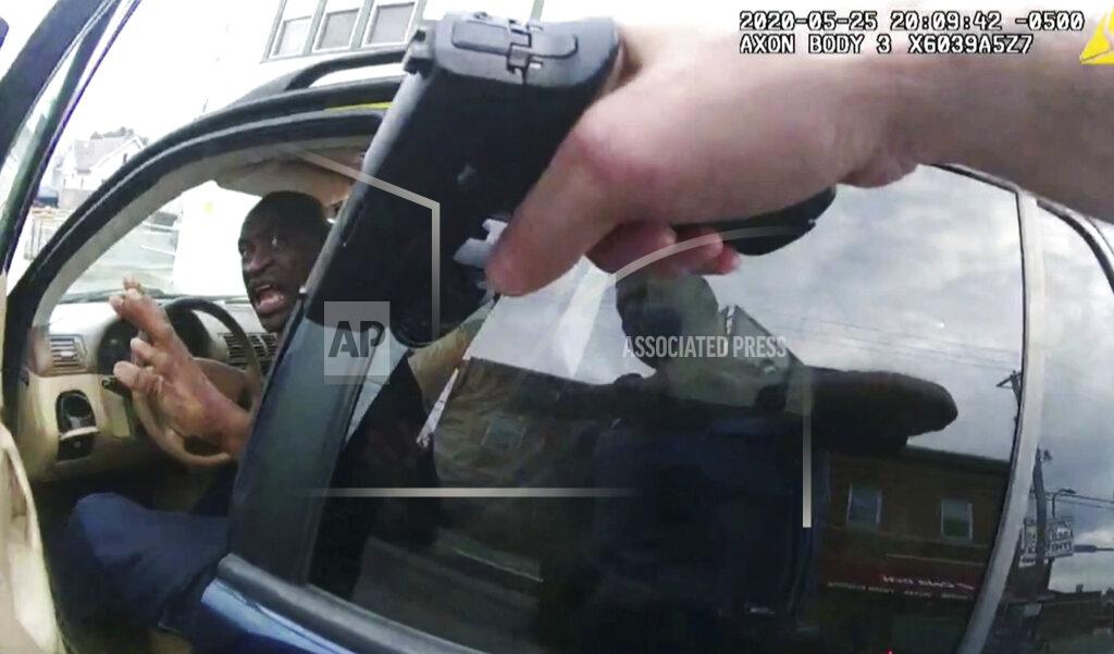 Uncredited In this image from police body camera video George Floyd responds to police after they approached his car outside Cup Foods in Minneapolis, on May 25, 2020. The image was shown as prosecutor Steve Schleicher gave closing arguments while Hennepin County Judge Peter Cahill presided Monday, April 19, 2021, at the Hennepin County Courthouse in Minneapolis, in the trial of former Minneapolis police Officer Derek Chauvin, who is charged in the May 25 death of Floyd. (Court TV via AP, Pool)
