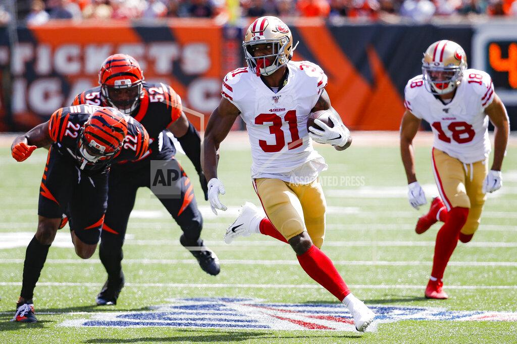 Frank Victores San Francisco 49ers running back Raheem Mostert (31) runs the ball for a touchdown during the first half an NFL football game against the Cincinnati Bengals, Sunday, Sept. 15, 2019, in Cincinnati. (AP Photo/Frank Victores)