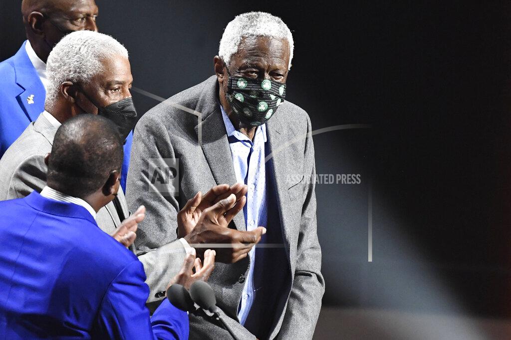 Jessica Hill Inductee Bill Russell stands on stage during the 2021 Basketball Hall of Fame Enshrinement ceremony, Saturday, Sept. 11, 2021, in Springfield, Mass. (AP Photo/Jessica Hill)