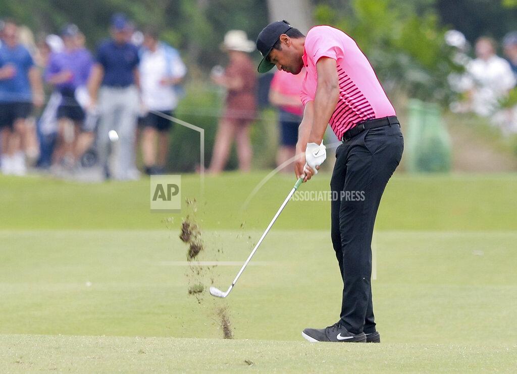 Max Becherer Tony Finau hits from the fairway on the eighth hole during the second round of the Zurich Classic golf tournament at TPC Louisiana in Avondale, La., Friday, April 23, 2021. (Max Becherer/The Times-Picayune/The New Orleans Advocate via AP)