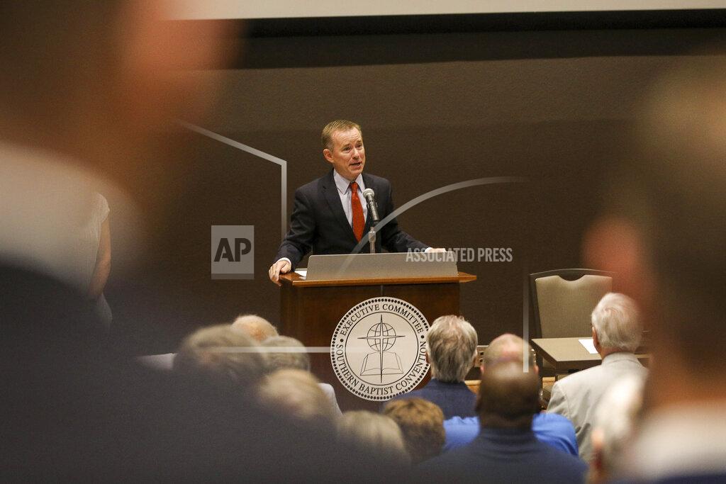 Jon Shapley FILE — In this June 10, 2019, file photo, Mike Stone, Southern Baptist Convention executive committee chairman, speaks during an Executive Committee plenary meeting at the Southern Baptist Convention in Birmingham, Ala. As Southern Baptists prepare for their biggest annual meeting in more than a quarter-century, accusations that leaders have shielded churches from claims of sexual abuse and simmering tensions around race threaten to once again mire the nation’s largest Protestant denomination in a conflict that can look more political than theological. (Jon Shapley/Houston Chronicle via AP, File)