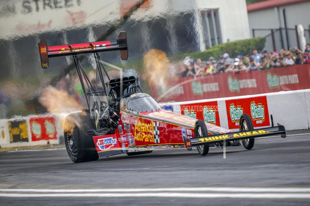 Randy Anderson In this photo provided by the NHRA, Brittany Force drives in Top Fuel qualifying at the Mopar Express Lane NHRA SpringNationals drag races at Houston Raceway Park on Friday, April 12, 2019, in Baytown, Texas. (Randy Anderson/NHRA via AP)