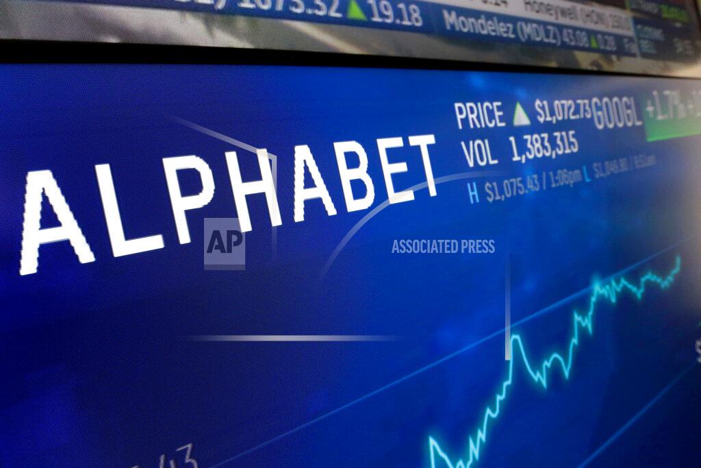 FILE- In this Feb. 14, 2018, file photo the logo for Alphabet appears on a screen at the Nasdaq MarketSite in New York. Google parent Alphabet report their latest results Tuesday, April 28, 2020 after the closing bell. (AP Photo/Richard Drew, File)