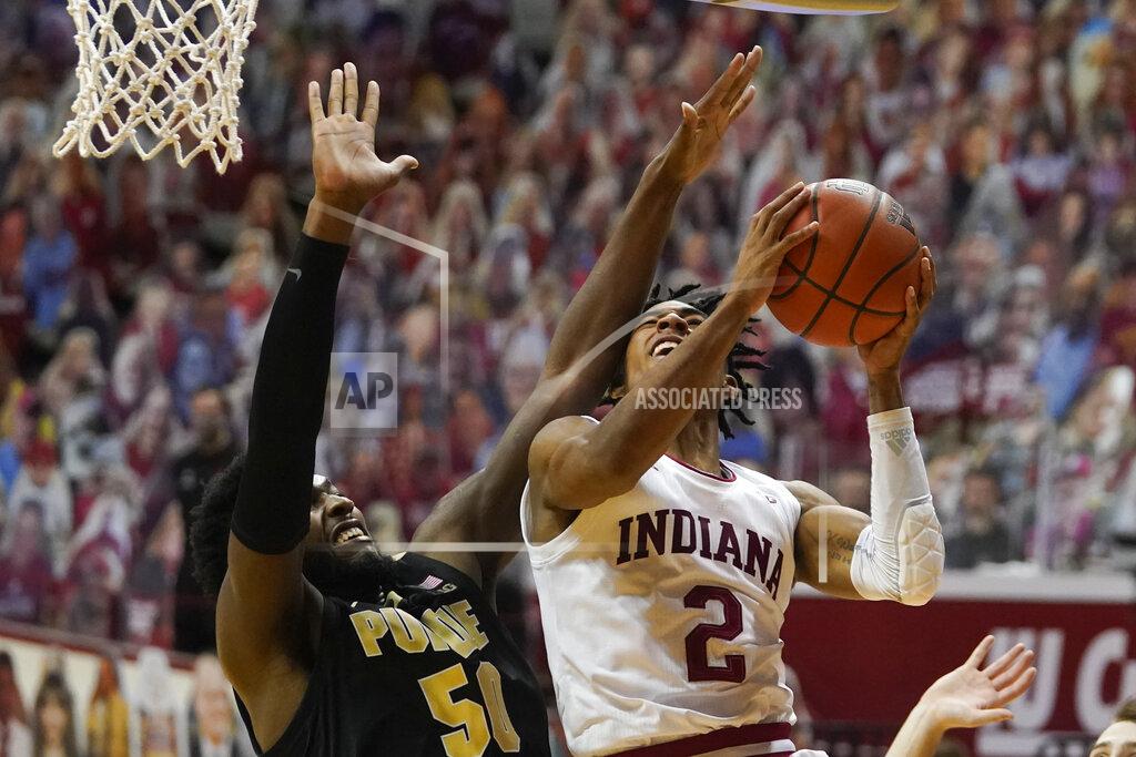 Darron Cummings Indiana's Armaan Franklin (2) puts up a shot against Purdue's Trevion Williams (50) during the second half of an NCAA college basketball game, Thursday, Jan. 14, 2021, in Bloomington Ind. Purdue won 81-69. (AP Photo/Darron Cummings)