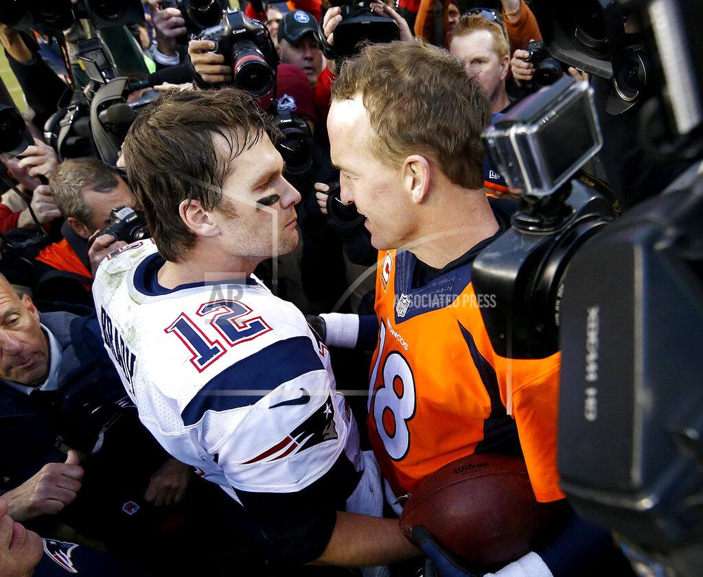 David Zalubowski FILE - In this Sunday, Jan. 24, 2016 file photo, New England Patriots quarterback Tom Brady (12) and Denver Broncos quarterback Peyton Manning speak to one another following the NFL football AFC Championship game between the Denver Broncos and the New England Patriots in Denver. Tom Brady has been synonymous with the AFC championship for the last two decades. Thirteen times he played for the Lamar Hunt Trophy and nine times he won it. Peyton Manning he bested once but three other times he lost to his nemesis in the conference title game, twice in Denver.(AP Photo/David Zalubowski, File)