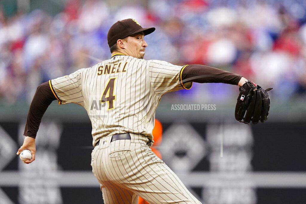 Matt Slocum San Diego Padres' Blake Snell pitches during the first inning of a baseball game against the Philadelphia Phillies, Wednesday, May 18, 2022, in Philadelphia. (AP Photo/Matt Slocum)