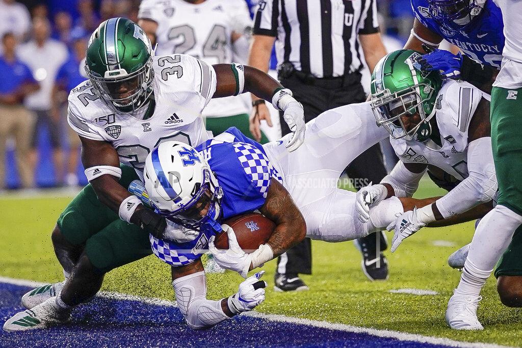 Bryan Woolston Kentucky running back Asim Rose (10) scores a touchdown during the first half of an NCAA college football game between Kentucky and Eastern Michigan, Saturday, Sept. 7, 2019, in Lexington, Ky. (AP Photo/Bryan Woolston)