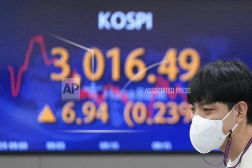 A currency trader watches computer monitors near the screen showing the Korea Composite Stock Price Index (KOSPI) at a foreign exchange dealing room in Seoul, South Korea, Friday, Oct. 29, 2021. Asian shares slipped on Friday, despite recent signs of optimism about the global economy, including recent rallies on Wall Street.(AP Photo/Lee Jin-man)