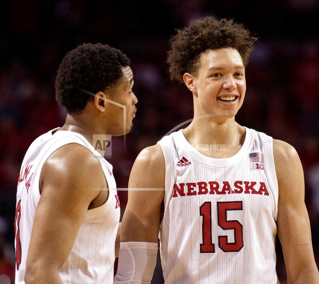 Francis Gardler Nebraska's James Palmer Jr. (0) and Isaiah Roby talk during the team's NCAA college basketball game against Butler in the NIT on Wednesday, March 20, 2019, in Lincoln, Neb. (Francis Gardler/Lincoln Journal Star via AP)
