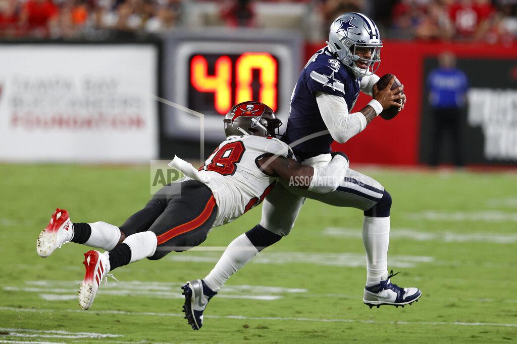 Scott Audette Tampa Bay Buccaneers linebacker Shaquil Barrett (58) sacks Dallas Cowboys quarterback Dak Prescott (4) during the first half of an NFL football game Thursday, Sept. 9, 2021, in Tampa, Fla. (AP Photo/Scott Audette)