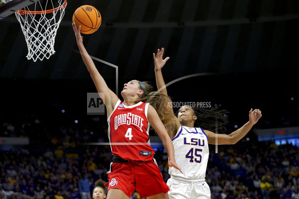 Matthew Hinton Ohio State guard Jacy Sheldon (4) shoots against LSU guard Alexis Morris (45) during the first half of a college basketball game in the second round of the NCAA tournament, Monday, March 21, 2022, in Baton Rouge, La. (AP Photo/Matthew Hinton)