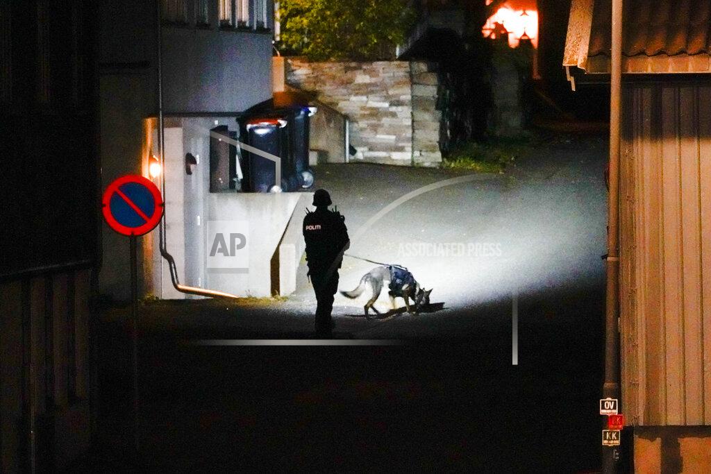 Hakon Mosvold Larsen Police at the scene after an attack in Kongsberg, Norway, Wednesday, Oct. 13, 2021. Several people have been killed and others injured by a man armed with a bow and arrow in a town west of the Norwegian capital, Oslo. (Hakon Mosvold Larsen/NTB Scanpix via AP)