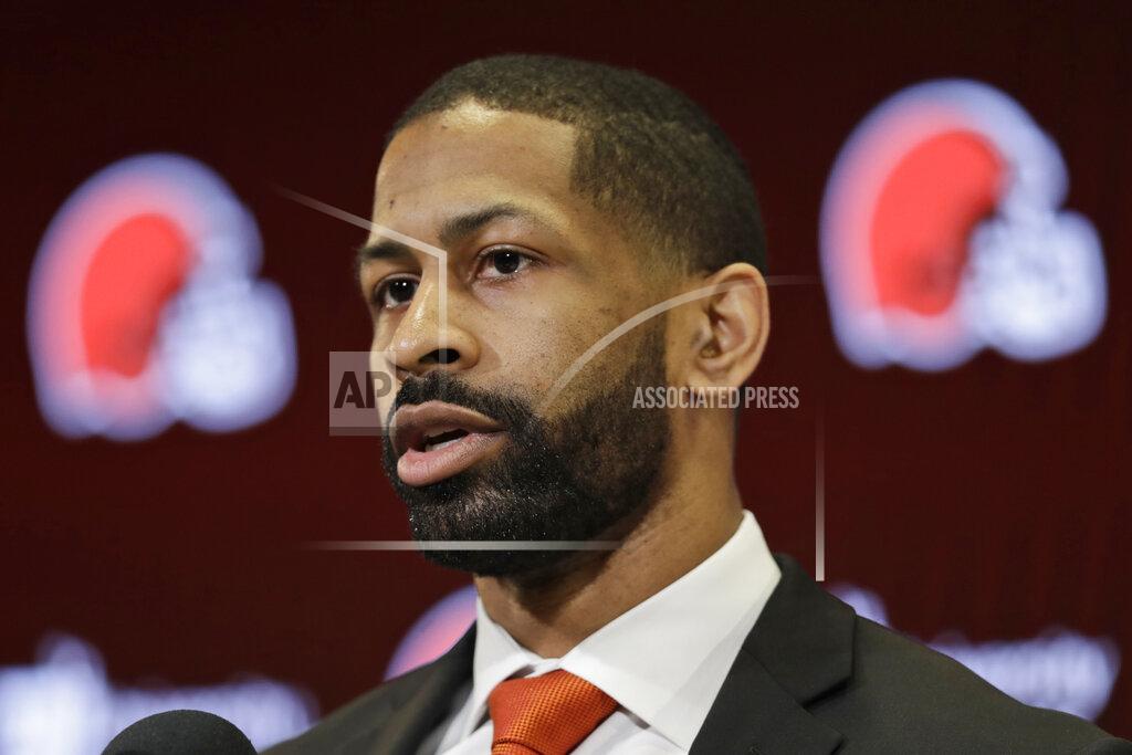 Cleveland Browns general manager Andrew Berry speaks during a news conference at the NFL football team's training facility, Wednesday, Feb. 5, 2020, in Berea, Ohio. Berry returned to the team after a one-year stint in the Philadelphia Eagles' front office. Berry was the Browns' vice president of player personnel from 2016-18. (AP Photo/Tony Dejak)