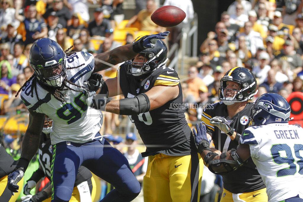 Gene J. Puskar Seattle Seahawks outside linebacker Jadeveon Clowney (90) deflects a pass by Pittsburgh Steelers quarterback Ben Roethlisberger (7) as he is blocked by offensive tackle Alejandro Villanueva (78) in the first half of an NFL football game, Sunday, Sept. 15, 2019, in Pittsburgh. (AP Photo/Gene J. Puskar)