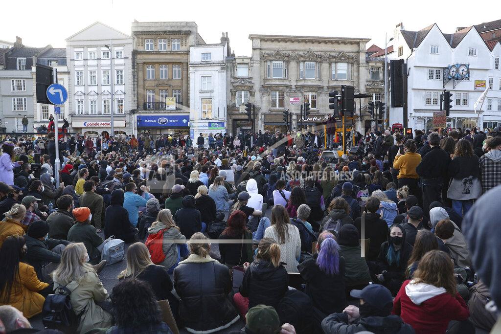 Andrew Matthews Demonstrators attend a 'Kill the Bill' protest in Bristol, England, Saturday, April 3, 2021. The demonstration is against the contentious Police, Crime, Sentencing and Courts Bill, which is currently going through Parliament and would give police stronger powers to restrict protests. (Andrew Matthews/PA via AP)