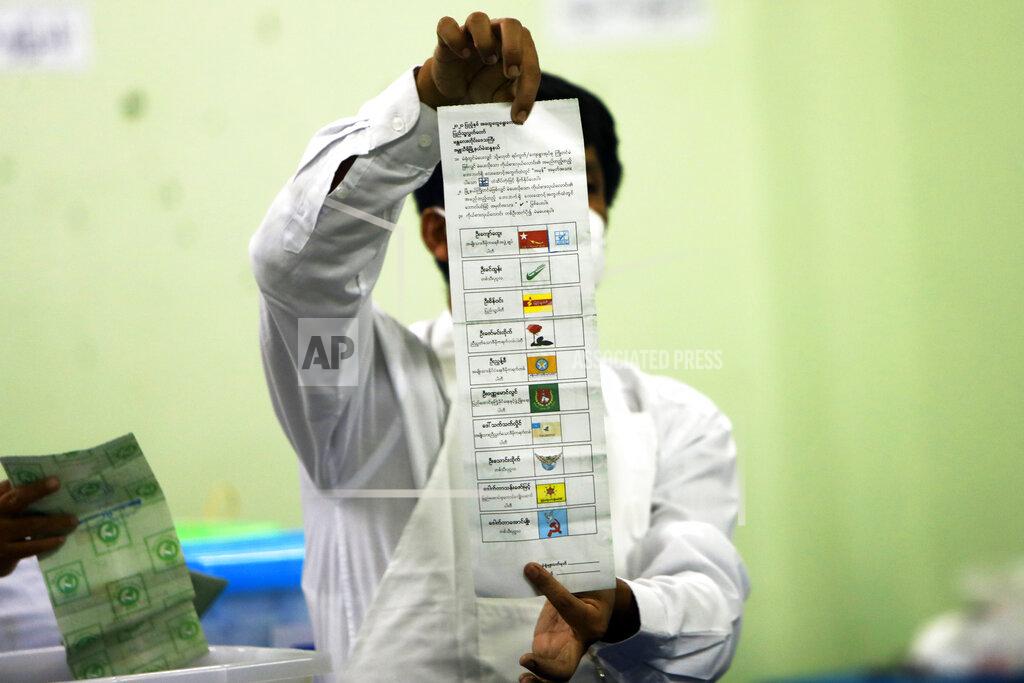 Aung Shine Oo FILE - In this Sunday, Nov. 8, 2020 file photo, an official of the Union Election Commission counts ballots at a polling station in Naypyitaw, Myanmar. On Friday, Feb. 5, 2021, The Associated Press reported on stories circulating online incorrectly asserting Myanmar used the election technology firm Dominion Voting Systems for its recent elections. The country used paper ballots _ not machines _ to vote in its November 2020 election. (AP Photo/Aung Shine Oo)