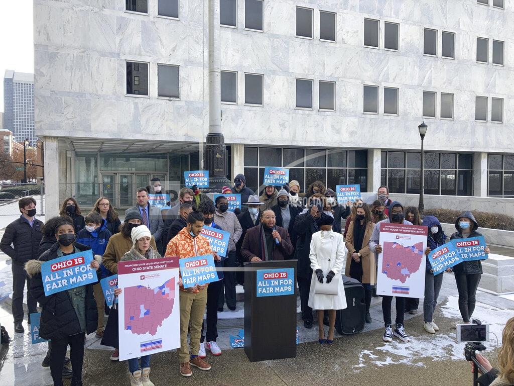 Andrew Welsh-Huggins FILE - Advocates who believe that newly drawn Ohio legislative maps remain heavily gerrymandered rally outside the Ohio Supreme Court, Dec. 8, 2021, in Columbus, Ohio. The Ohio Supreme Court has, in a 4-3 ruling, Wednesday, May 25, 2022, rejected another round of Republican-drawn Statehouse maps and returned them to the Ohio Redistricting Commission. (AP Photo/Andrew Welsh-Huggins, File)
