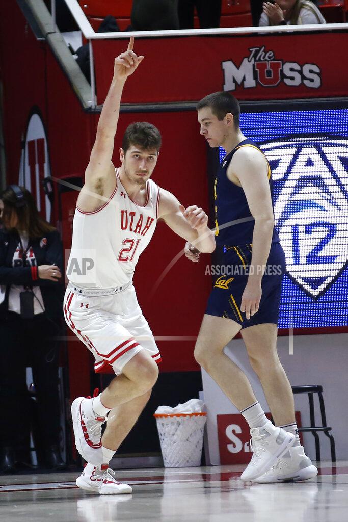 Rick Bowmer Utah forward Riley Battin (21) celebrates after scoring against California during the first half of an NCAA college basketball game Saturday, Feb. 8, 2020, in Salt Lake City. (AP Photo/Rick Bowmer)