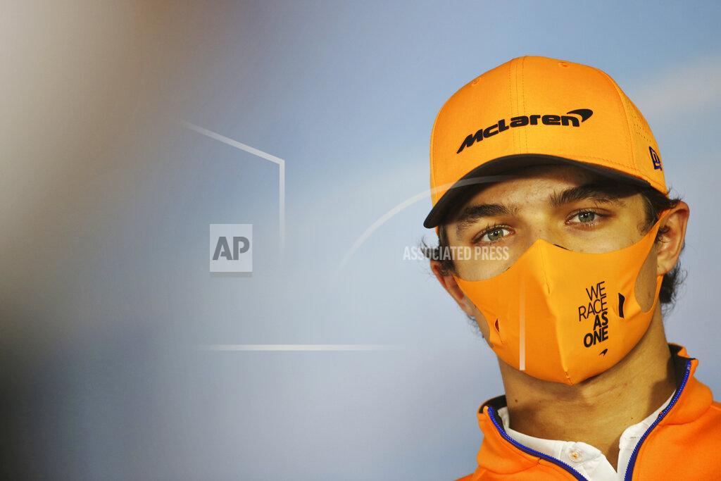 Uncredited Mclaren driver Lando Norris of Britain attends drivers news conference at the Hungaroring racetrack in Mogyorod, Hungary, Thursday, July 16, 2020. The Hungarian Formula One Grand Prix race will take place on Sunday. (FIA Pool via AP)