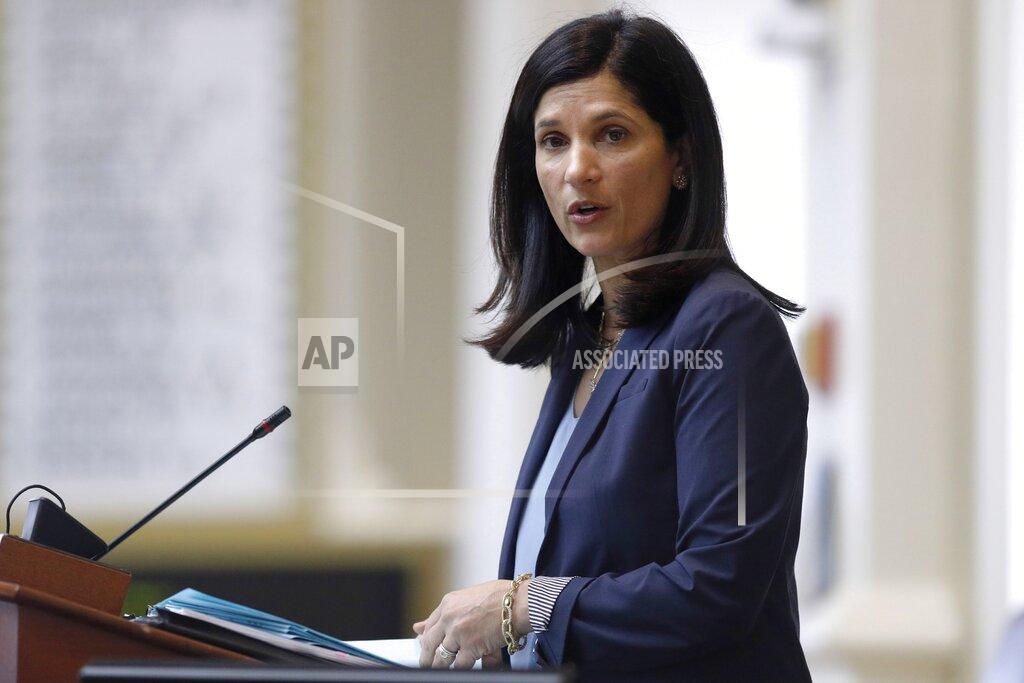 Robert F. Bukaty FILE - In this March 17, 2020, file photo, House speaker Sara Gideon, D-Freeport, conducts business in the House Chamber at the State House in Augusta, Maine. Gideon is one of three Democrat candidates seeking the party's nomination for U.S. Senate in the July 14 primary. (AP Photo/Robert F. Bukaty, File)