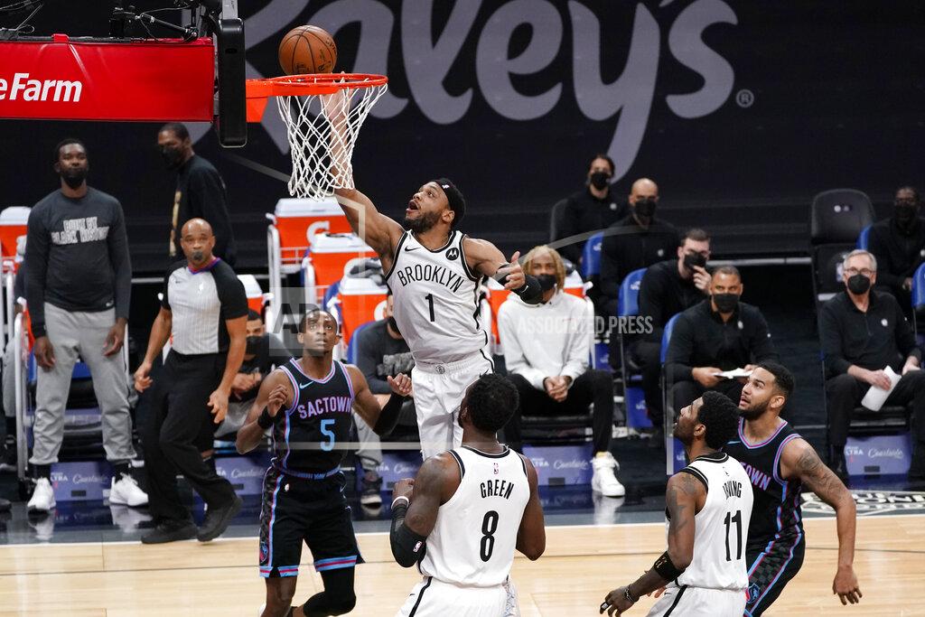 Rich Pedroncelli Brooklyn Nets guard Bruce Brown,(1) goes to the basket during the first half of an NBA basketball game against the Sacramento Kings in Sacramento, Calif., Monday, Feb. 15, 2021. (AP Photo/Rich Pedroncelli)