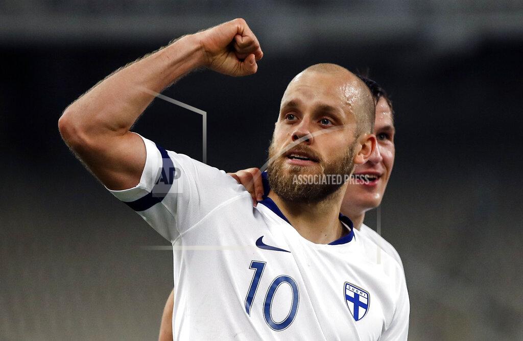 FILE - In this photo taken on Nov. 18, 2019, Finland's Teemu Pukki celebrates after scoring the opening goal during the Euro 2020 group J qualifying soccer match between Greece and Finland at Olympic stadium in Athens, Greece. A stellar 2019 for soccer in Finland was meant to hit a new peak in the 2020 season. The national team qualified last November for its first major tournament and Finland was going to spend mid-June obsessed by the European Championship. (AP Photo/Thanassis Stavrakis)