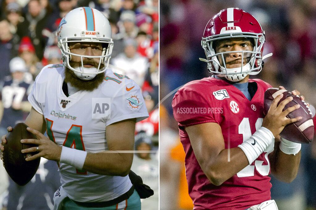 Uncredited FILE - At left, in a Dec. 29, 2019, file photo, Miami Dolphins quarterback Ryan Fitzpatrick rolls out to pass against the New England Patriots in the first half of an NFL football game in Foxborough, Mass. At right, in an Oct. 19, 2019, file photo, Alabama quarterback Tua Tagovailoa looks to pass during the first half of an NCAA college football game against Tennessee in Tuscaloosa, Ala. Fitzpatrick is spending his coronavirus lockdown in Arizona with his wife and seven children, and hoping to get a chance soon to begin mentoring first-round draft pick Tua Tagovailoa. (AP Photo/File)