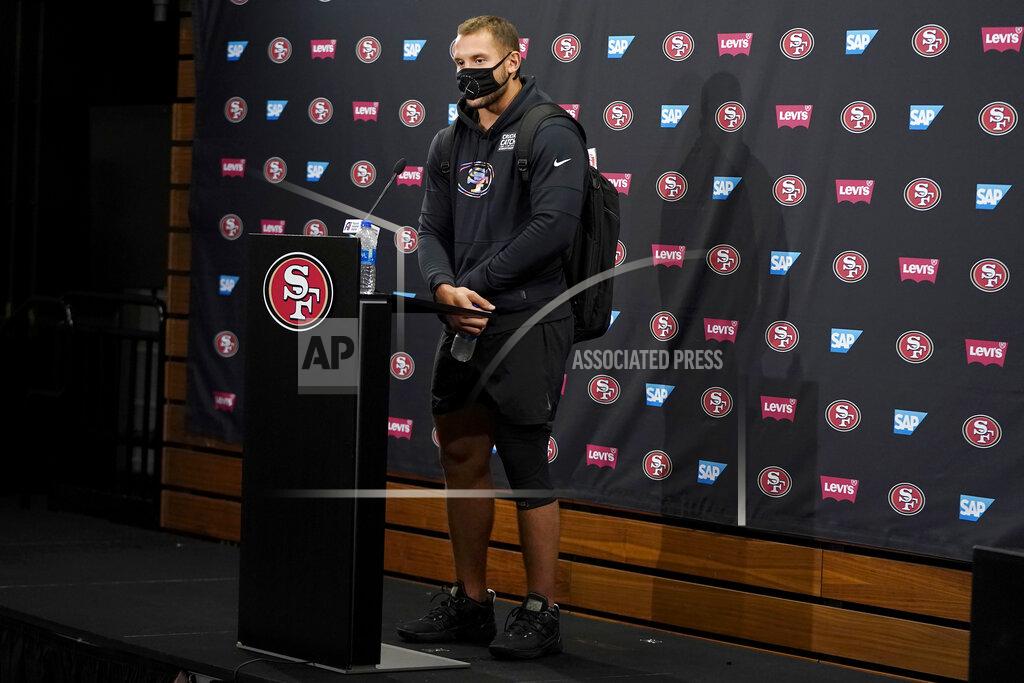Jeff Chiu San Francisco 49ers defensive end Nick Bosa speaks during a news conference at NFL football training camp in Santa Clara, Calif., Thursday, July 29, 2021. (AP Photo/Jeff Chiu)