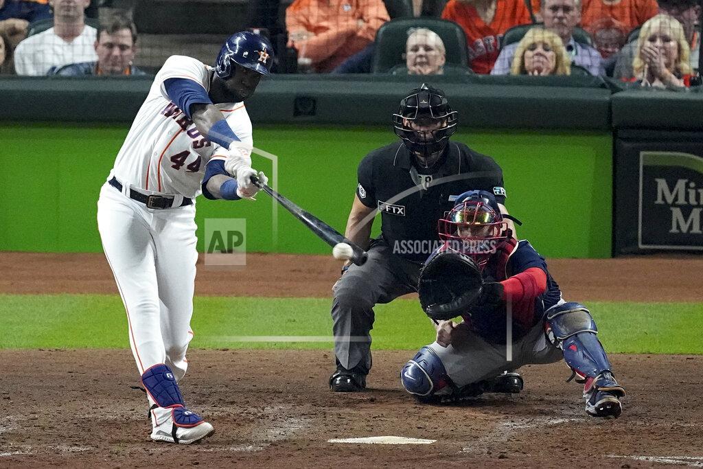 Sue Ogrocki Houston Astros' Yordan Alvarez hits a triple against the Boston Red Sox during the sixth inning in Game 6 of baseball's American League Championship Series Friday, Oct. 22, 2021, in Houston. (AP Photo/Sue Ogrocki)