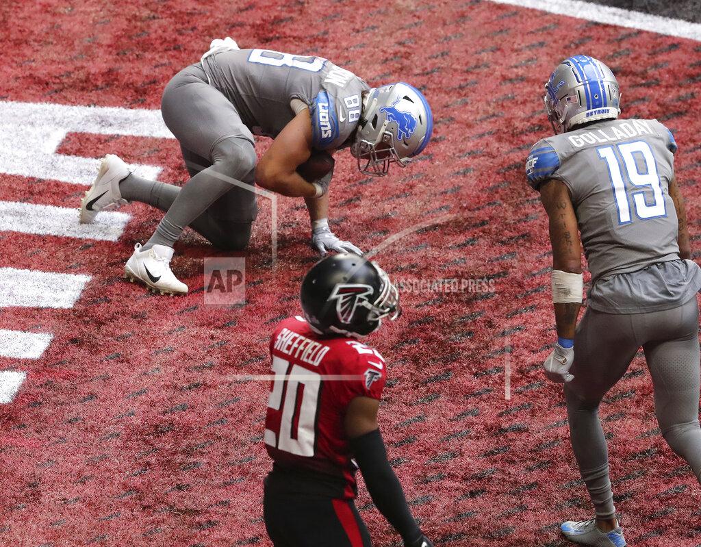 Curtis Compton Falcons cornerback Kendall Sheffield reacts as Detroit Lions tight end T.J. Hockenson, left, makes the game-winning touchdown catch to beat the Falcons 23-22 with the extra point as time expires in an NFL football game on Sunday, Oct 25, 2020, in Atlanta. (Curtis Compton/Atlanta Journal-Constitution via AP)