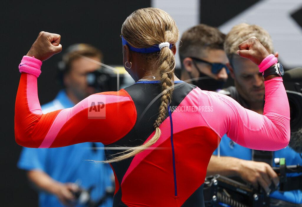 Rick Rycroft United States' Serena Williams gestures as she is interviewed after defeating Germany's Laura Siegemund during their first round match at the Australian Open tennis championship in Melbourne, Australia, Monday, Feb. 8, 2021.(AP Photo/Rick Rycroft)