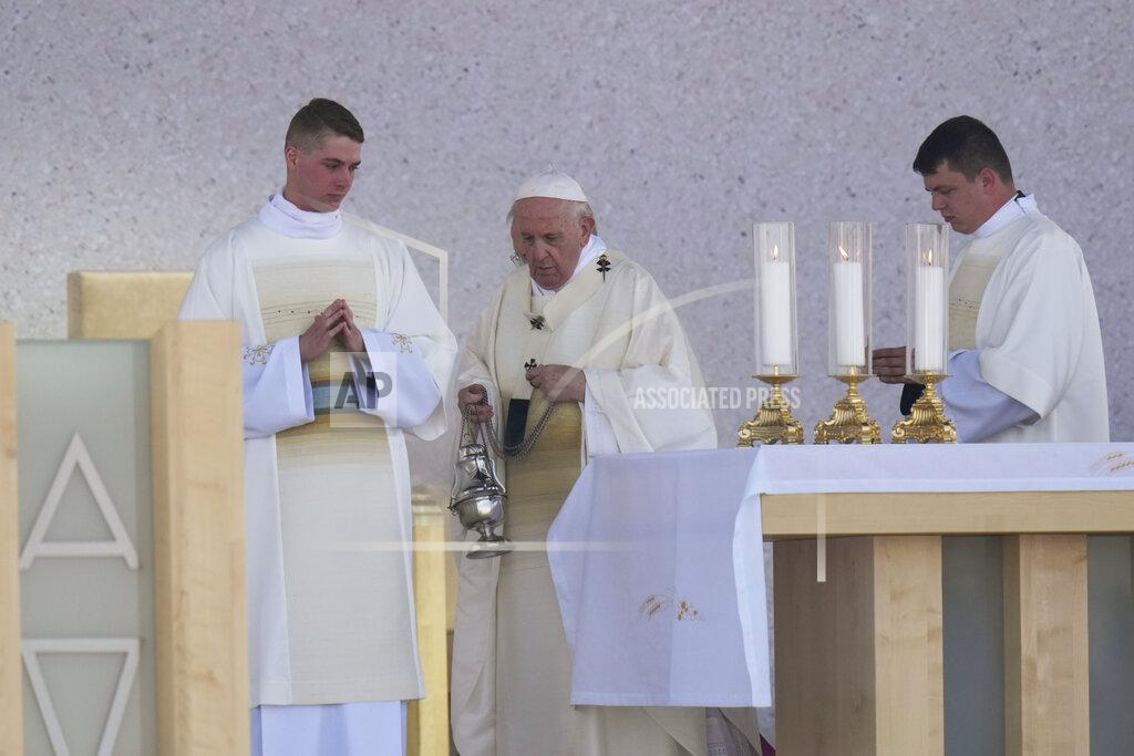 Petr David Josek Pope Francis celebrates a Mass in the esplanade of the National Shrine in Sastin, Slovakia, Wednesday, Sept. 15, 2021. Pope Francis celebrated an open air Mass in Sastin, the site of an annual pilgrimage each September 15 to venerate Slovakia's patron, Our Lady of Sorrows. (AP Photo/Petr David Josek)