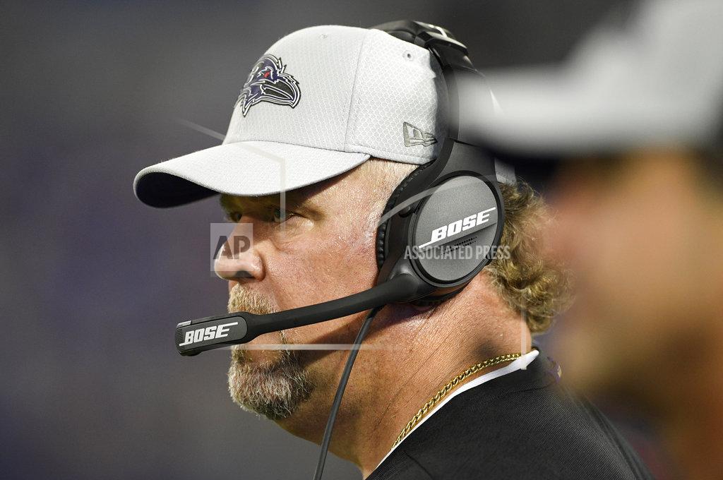FILE - In this Aug. 30, 2018, file photo, Baltimore Ravens defensive coordinator Don Martindale stands on the sideline in the second half of a preseason NFL football game against the Washington Redskins, in Baltimore. Making the most of a second chance, Don Martindale has done a masterful job assembling and directing the top-ranked defense in the NFL. (AP Photo/Nick Wass, File)