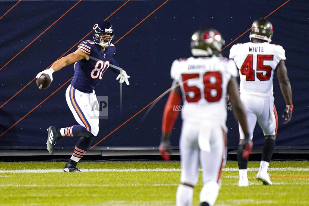 Charles Rex Arbogast Chicago Bears tight end Jimmy Graham (80) celebrates a touchdown against the Tampa Bay Buccaneers during the first half of an NFL football game in Chicago, Thursday, Oct. 8, 2020. (AP Photo/Charles Rex Arbogast)