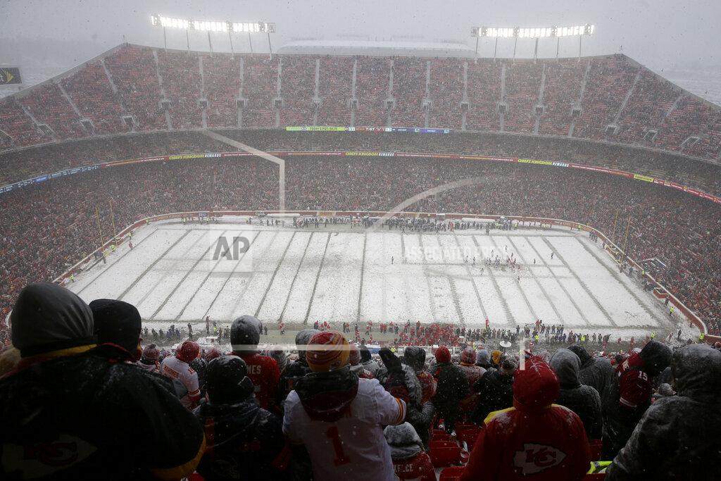 Charlie Riedel The Kansas City Chiefs play against the Denver Broncos on a snow-covered field during the second half of an NFL football game in Kansas City, Mo., Sunday, Dec. 15, 2019. (AP Photo/Charlie Riedel)