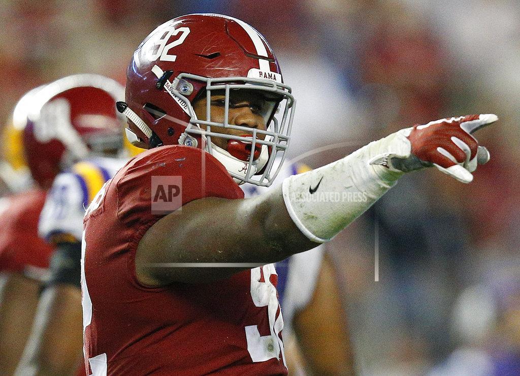 Brynn Anderson FILE - In this Nov. 4, 2017 file photo, Alabama defensive lineman Quinnen Williams celebrates after sacking LSU quarterback Myles Brennan during the second half of an NCAA college football game, in Tuscaloosa, Ala. Williams has been hot all season, really, but he was a monster in Alabama’s biggest game of the season so far against LSU. He had 10 tackles, seven solo stops, and 2½ sacks against the Tigers. (AP Photo/Brynn Anderson, File)