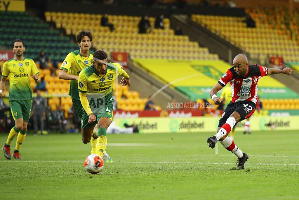 Richard Heathcote Southampton's Nathan Redmond scores his side's third goal during the English Premier League soccer match between Norwich City and Southampton at Carrow Road in Norwich, England, Friday, June 19, 2020. (AP Photo/Richard Heathcote/Pool)
