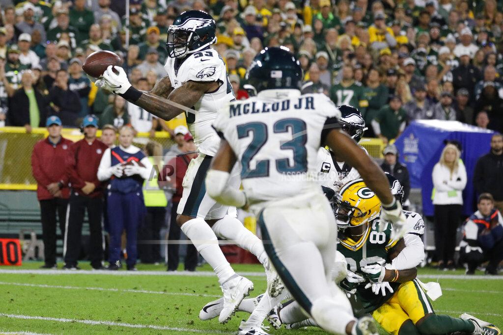 Jeffrey Phelps Philadelphia Eagles outside linebacker Nigel Bradham (53) intercepts a pass in the final minute of the team's 34-27 win over the Green Bay Packers in an NFL football game Thursday, Sept. 26, 2019, in Green Bay, Wis. (AP Photo/Jeffrey Phelps)